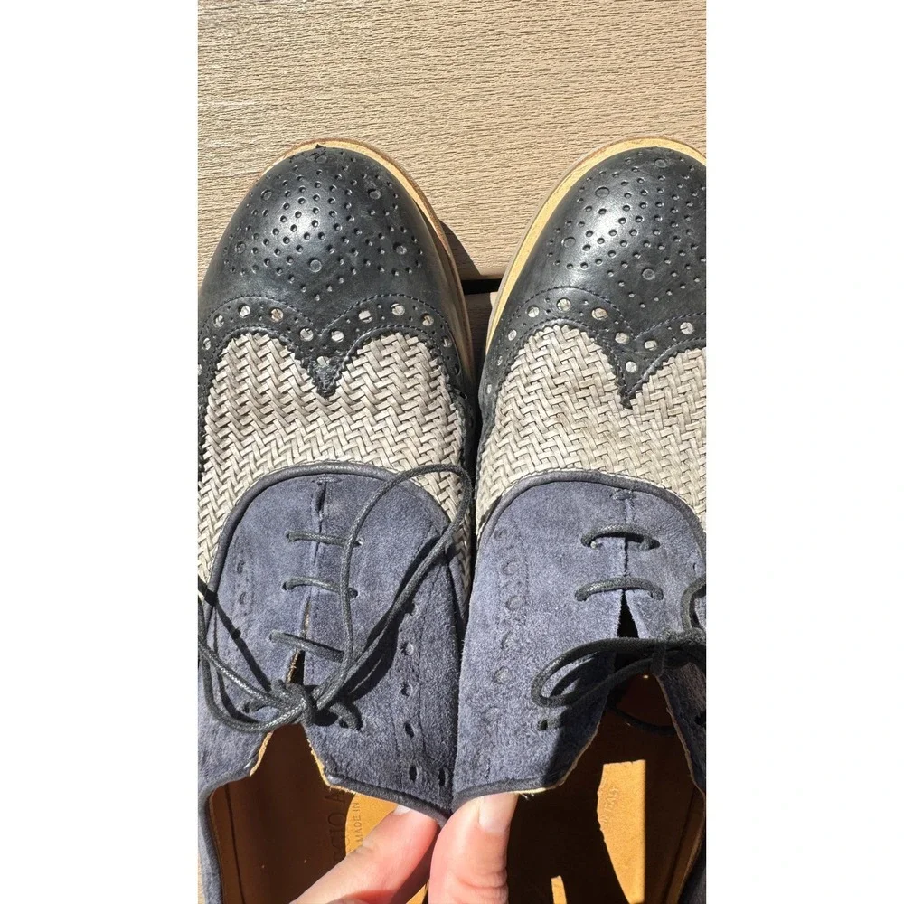 Giorgio Armani Mens Woven Suede Leather Wingtip Oxford Shoes Navy Made in Italy